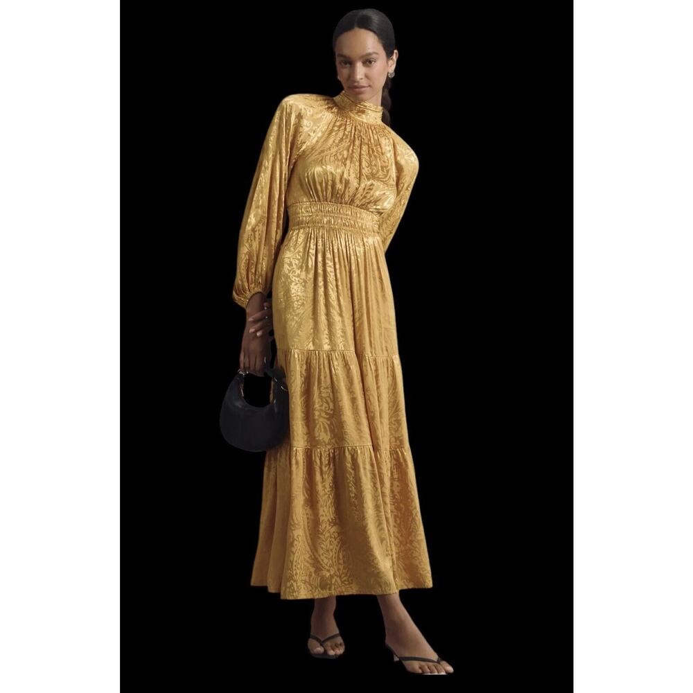 Anthropologie Gold Holiday New Year The Somerset Maxi Dress: Mock-Neck Edition